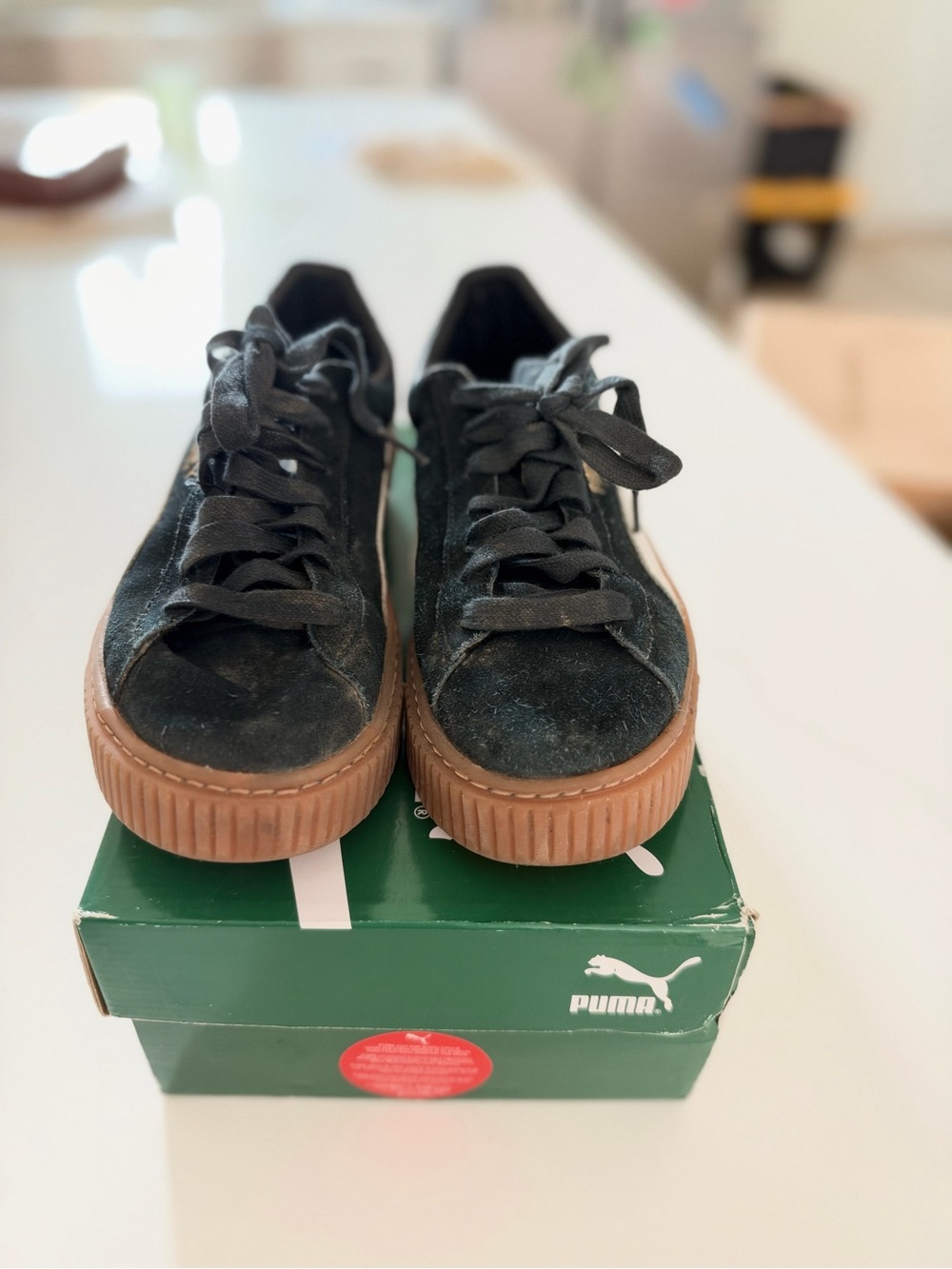 Puma Kids Black Suede Sneakers with Gum Platform Sole
